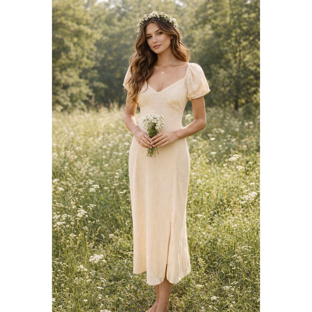 Almost Famous Cottagecore Cream Maxi Dress Womens Small Puff Sleeve Prairie